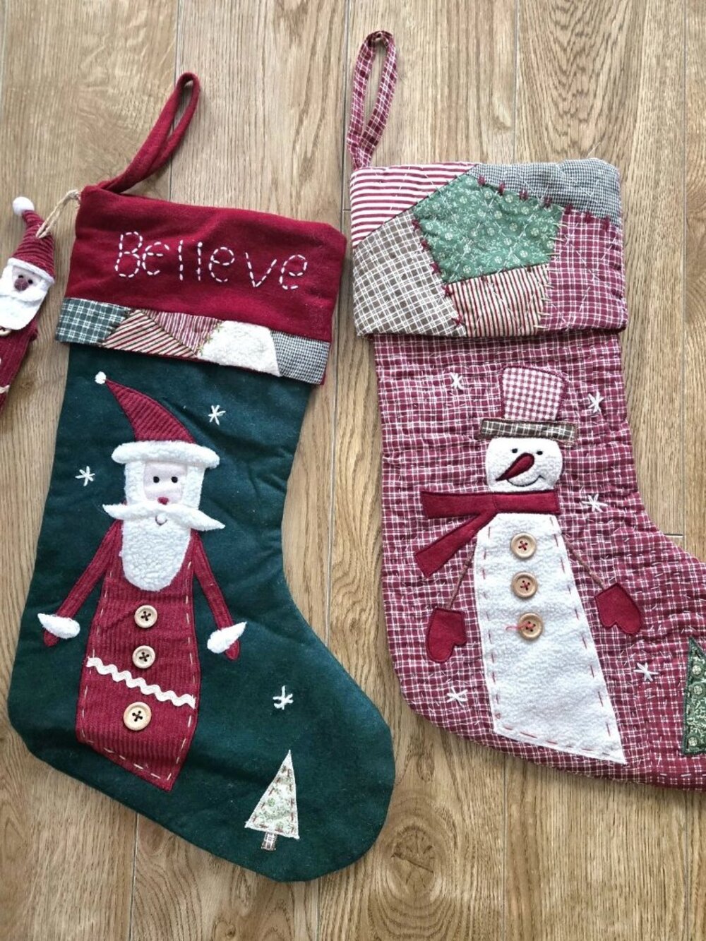 2 DETAILED Classic Santa + Snowman Christmas Stockings with Applique